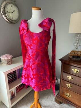 Sugarlips Fuchsia and Red Floral Jacquard Mini Dress
